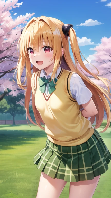 masterpiece, best quality, highres, aayami, very long hair, two side up, hair ornament, , green bowtie, white shirt, sweater vest, yellow vest, short sleeves, plaid skirt, green skirt, standing, cowboy shot, leaning forward, arms behind back, outdoors, cherry blossoms, smile, open mouth,