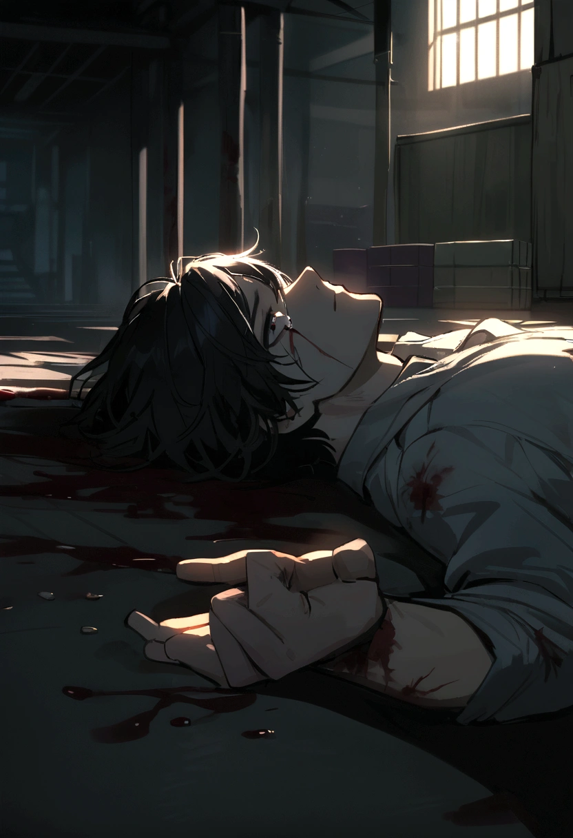 a man, short black hair, glazed black eyes, a single tear fell down his face, lying on the floor with several bleeding wounds, in the dark warehouse