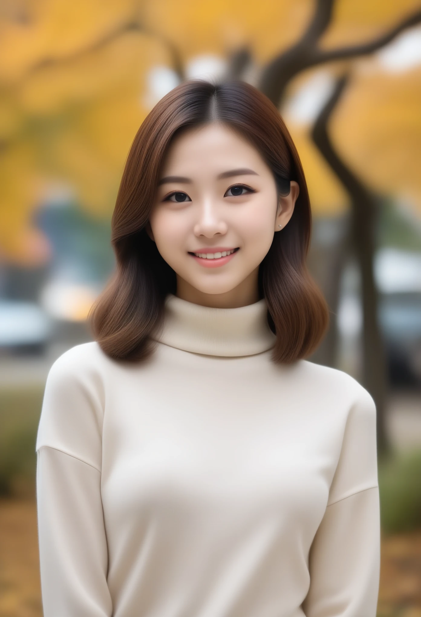 8k, Ultra-high resolution, Highest quality, masterpiece, 三分割法によるphotograph,Surreal, photograph, 1 girl, (16 years old:1.3), pretty girl, Cute face, Beautiful eyes in every detail, 細かくdetailedに,masterpiece,, One Girl:1.2, Japan Female Announcer,whole body,Young Wife,Urban area,street tree,The arrival of autumn,Turtleneck sweater,A scene in mini length,Full of cleanliness,A carefree smile,Healing the heart,Short Bob,Looking at the audience、beauty,Long neck、Laugh a little、Please close your mouth and laugh、(((Ideal body type))),A-cup small breasts :2,、Portraiture:2、Perfect Anatomy、鮮明なdetailed、detailed、Surreal、Light and shadow,Strong light 