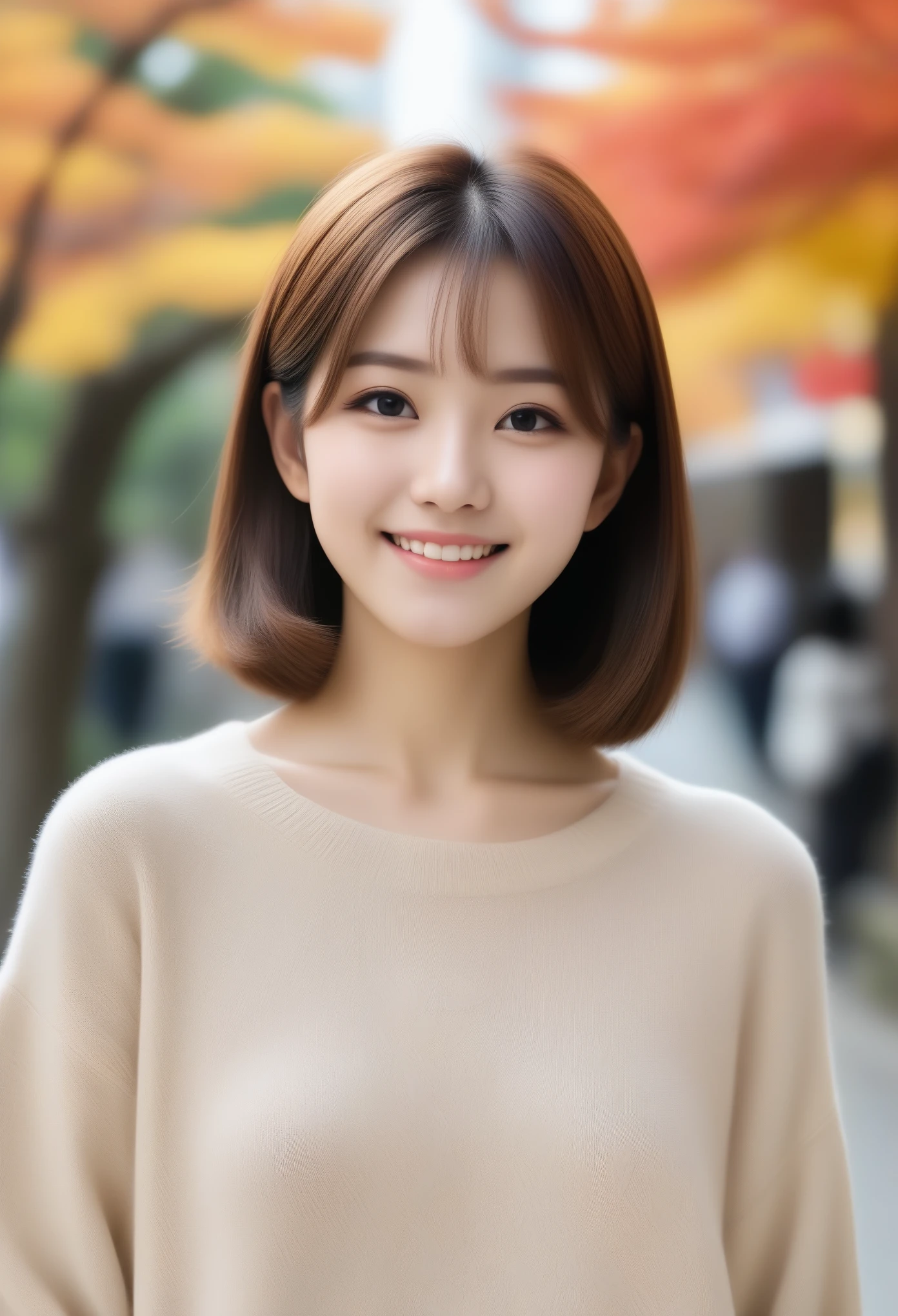 8k, Ultra-high resolution, Highest quality, masterpiece, 三分割法によるphotograph,Surreal, photograph, 1 girl, (:1.3), pretty girl, Cute face, Beautiful eyes in every detail, 細かくdetailedに,masterpiece,, One Girl:1.2, Japan Female Announcer,whole body,Young Wife,Urban area,street tree,The arrival of autumn,Turtleneck sweater,A scene in mini length,Full of cleanliness,A carefree smile,Healing the heart,Short Bob,Looking at the audience、beauty,Long neck、Laugh a little、Please close your mouth and laugh、(((Ideal body type))),A-cup small breasts :2,、Portraiture:2、Perfect Anatomy、鮮明なdetailed、detailed、Surreal、Light and shadow,Strong light