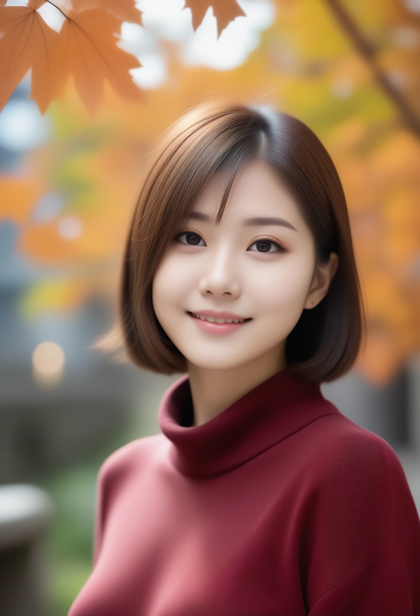 8k, Ultra-high resolution, Highest quality, masterpiece, 三分割法によるphotograph,Surreal, photograph, 1 girl, (16 years old:1.3), pretty girl, Cute face, Beautiful eyes in every detail, 細かくdetailedに,masterpiece,, One Girl:1.2, Japan Female Announcer,whole body,Young Wife,Urban area,street tree,The arrival of autumn,Turtleneck sweater,A scene in mini length,Full of cleanliness,A carefree smile,Healing the heart,Short Bob,Looking at the audience、beauty,Long neck、Laugh a little、Please close your mouth and laugh、(((Ideal body type))),A-cup small breasts :2,、Portraiture:2、Perfect Anatomy、鮮明なdetailed、detailed、Surreal、Light and shadow,Strong light 