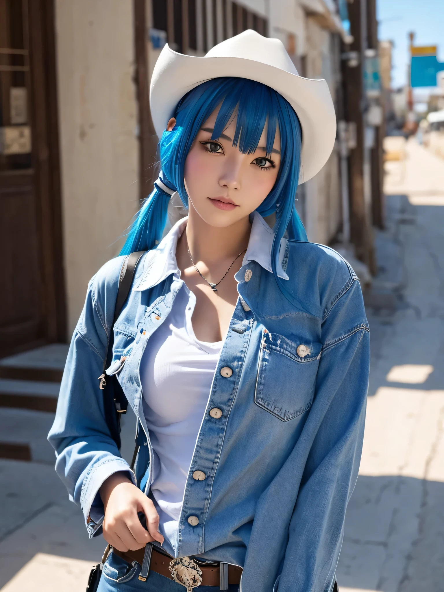 Masterpiece, best quality, ai-generated, cat girl
, Blue hair,cowboy shot,