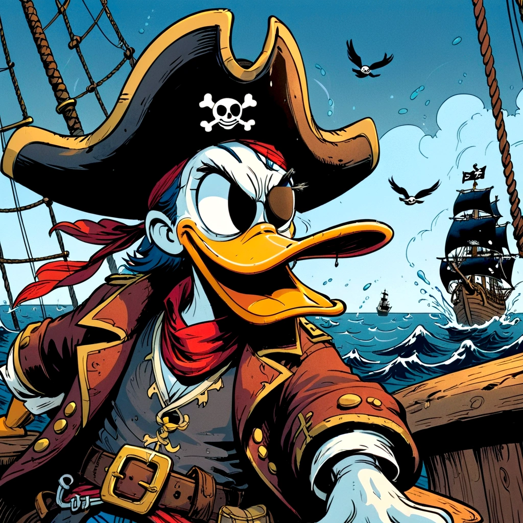 Donald Duck, eye patch, wearing eye patch, pirate, hand drawn, comic, cartoon. flat, illustration, splash page