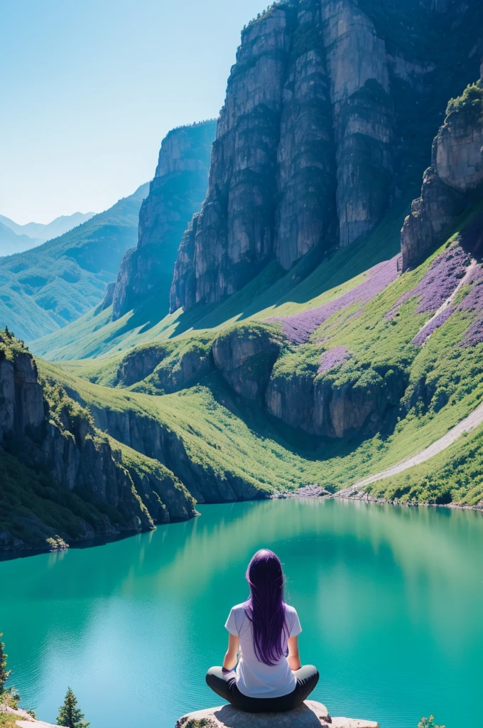 A very beautiful landscape of a person in a meditation position. The scenery behind the person is a mix of turquoise blue and purple.