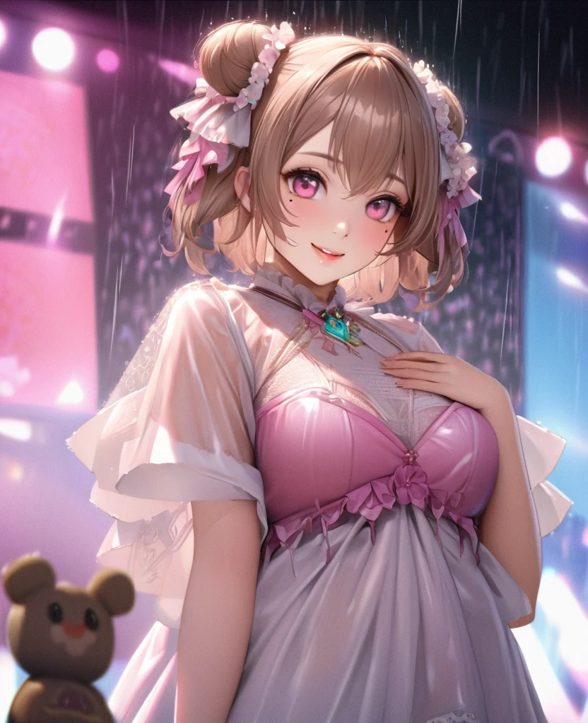 One Girl、Looking at the audience、lovely,
Beautiful pink eyes、Two brown double hair buns , Mole under the eye、Plump and glossy lips、Heart-shaped choca、Idol、Her name is May,smile、ー、。.。.。.。.。.。.。.。.。.。.。.。.。.。.。.。.。.。.3D、Realistic、
The idol's costume was soaked in the heavy rain, and her chest was wet and transparent.Heavy rain at outdoor concert, Drape clothes、gem、The decoration has been removed、Floral、Lace trim,On a glittering stage、
masterpiece、highest quality、8k、Detailed skin texture、Detailed cloth texture、Beautifully detailed face、Intricate details、Very detailed、
超A high resolution、8k Ultra HD、Film Grain、Best Shadow、delicate、Gazing at the audience、front