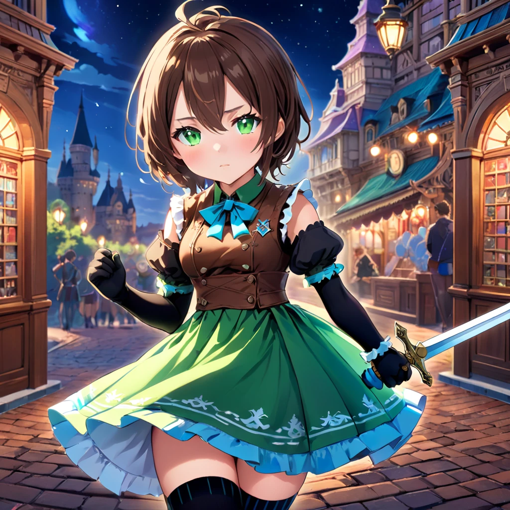 Stickerss,Stickers,One girl, With sword, Anime Style,Dreamland Wonderland、Fantastic,masterpiece,Kilo,Colorful,Detailed explanation,Seven Colors,(Highest quality,masterpiece, Complex,Hyper Detail,8K Ultra HD,Ultra-high resolution,Very detailed),(Short brown hair:1.2), (Green Eyes:1.3),(Ready-to-wear skirts),(Brown vest),(Red Shirt),(Blue ribbon),(Black thigh-high socks:1.3),Erika Aoi,