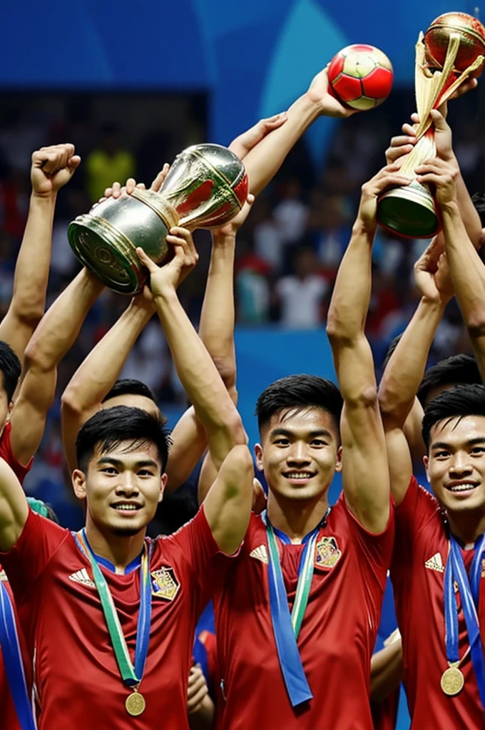 The Chinese men's football team received the World Cup championship trophy on the podium, the crowd cheered and the national flag was raised