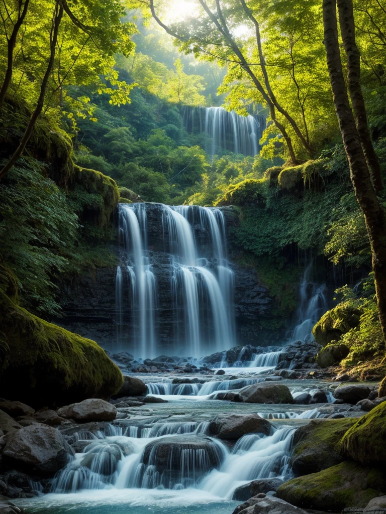 (masterpiece), (human-like skin), (tan skin), a 6-year-old Thai girl (bangs), (back braids), stood in front of a waterfall in a beautiful, quiet forest. Her eyes were mesmerizing.  With brightness and details  Reflecting the beauty of the environment   Her lips were delicately curved, adding softness to her quiet face.   Cascading waterfalls with stunning details  Each drop is recorded precisely.   A lush green forest surrounds the waterfall.  It creates a lively and lively atmosphere.   Sunlight filters through the leaves.  It casts a warm and gentle light on the girl and waterfall.   The sound of flowing water echoed throughout the air.  It adds to the tranquility of the moment.   Scenes are recorded in the highest quality.  Focusing on every detail and surface to perfection.   Bright and vibrant colors bring the artwork to life.   The medium used to create this masterpiece is a combination of digital illustration and realistic rendering.  This results in a stunning blend of fantasy and reality.   The overall tone of the artwork is a mix of cool and warm colors.  Gives a feeling of balance and harmony.   The lighting has been carefully designed to create a sense of depth and dimension.  Enhance the natural beauty of the scene