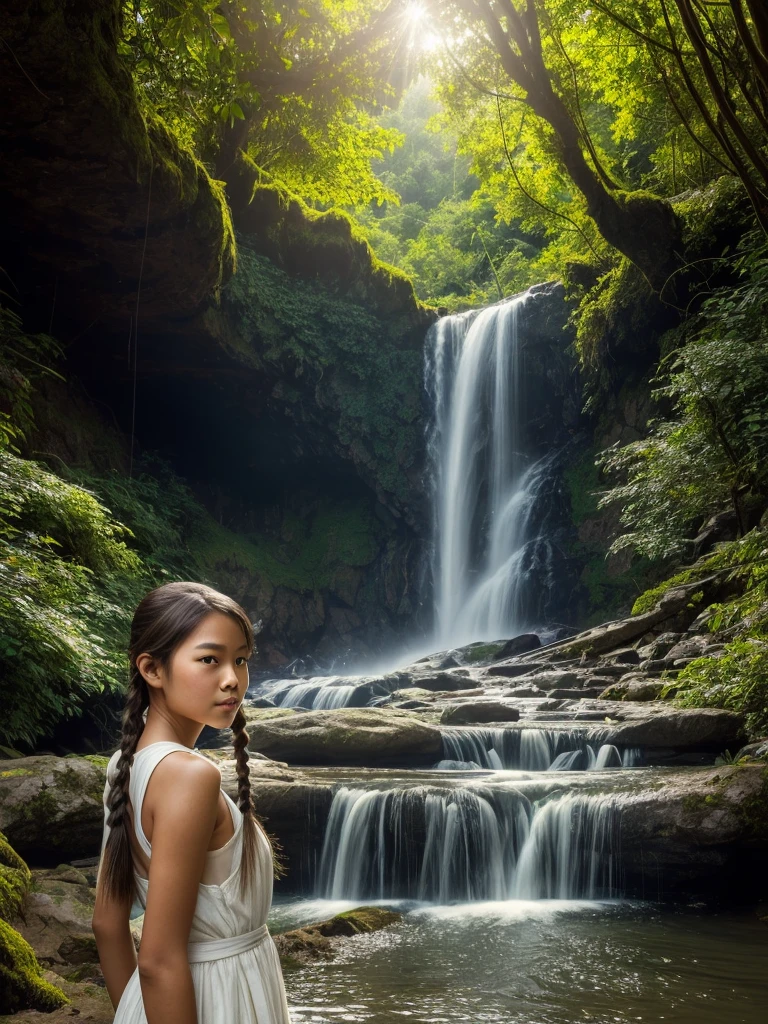 Girl  blue eyes bright brown hair white skin near waterfall