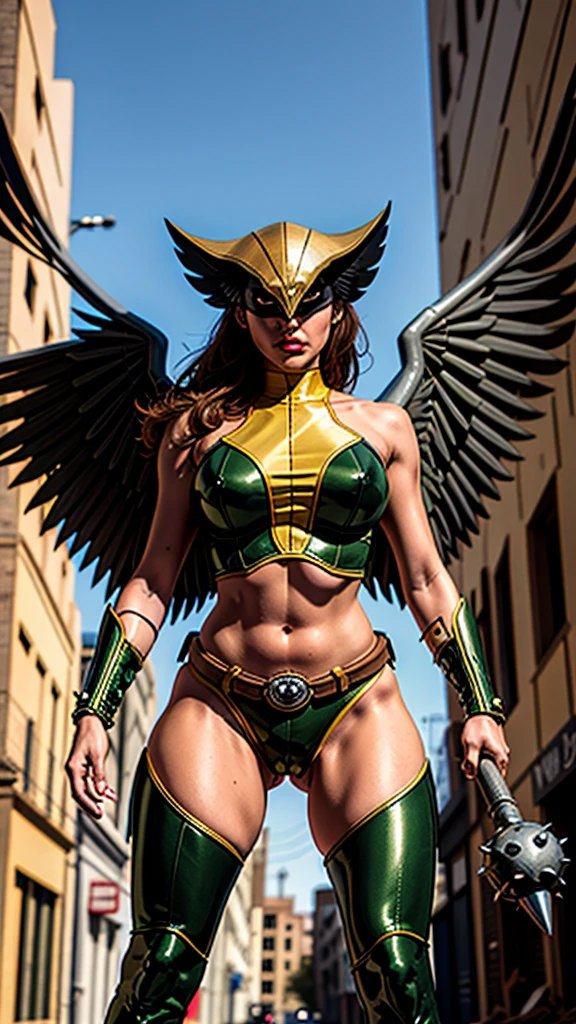 (cowboy shot), (masterpiece), (best quality:1.0), (ultra highres:1.0), highly detailed face and eyes,
BREAK
ShayeraDC, green eyes, mask, metal wings, wings, holding weapon, large spiked mace
green and gold crop top, shoulder pauldron, gauntlets, pantyhose, midriff, belt, 
BREAK
WALKING THROUGH A BURNED OUT CITY, WALKING THROUGH THE RUBBLE, Large breasts, thick thighs 