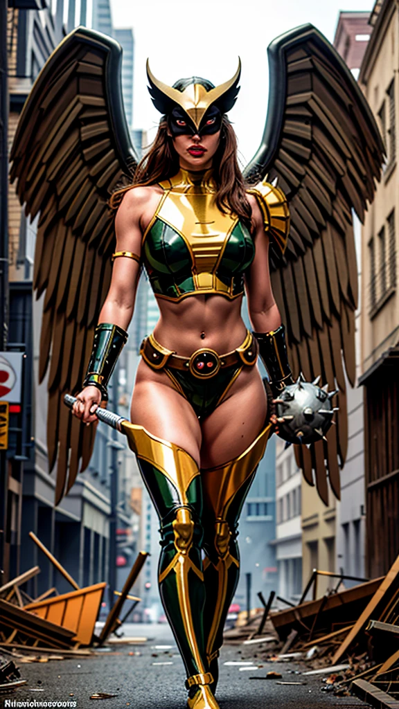 (cowboy shot), (masterpiece), (best quality:1.0), (ultra highres:1.0), highly detailed face and eyes,
BREAK
ShayeraDC, green eyes, mask, metal wings, wings, holding weapon, large spiked mace
green and gold crop top, shoulder pauldron, gauntlets, pantyhose, midriff, belt, 
BREAK
WALKING THROUGH A BURNED OUT CITY, WALKING THROUGH THE RUBBLE, Large breasts, thick thighs 