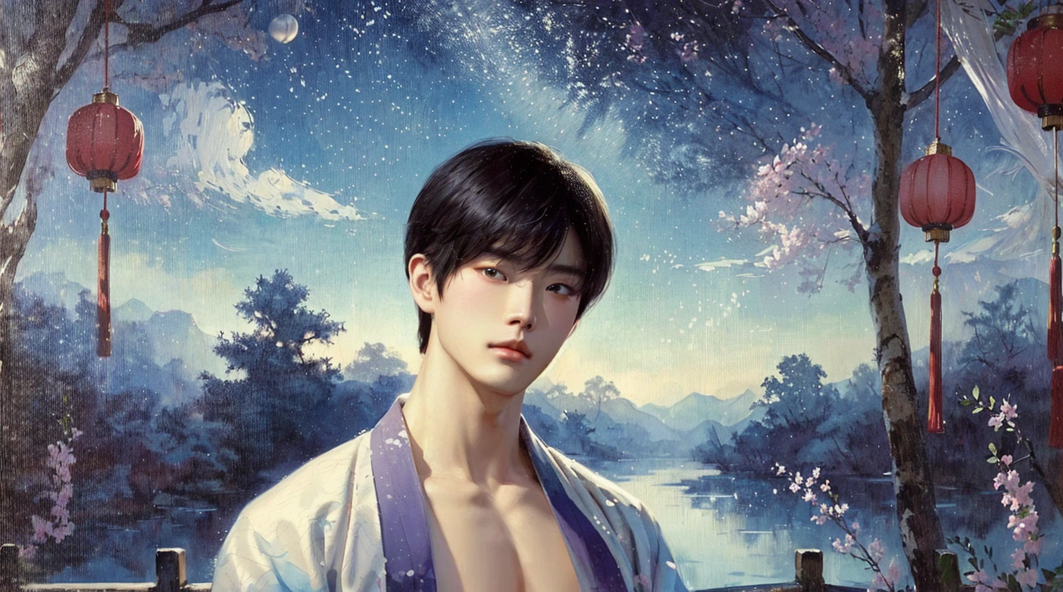 a man in a kimono robe standing in front of a of a river, inspired by Yanjun Cheng, yanjun chengt, inspired by Bian Shoumin, artwork in the style of guweiz, inspired by Yeong-Hao Han, inspired by Zhang Han, by Yanjun Cheng, by Yang J, cai xukun, guweiz,huge breasts,huge chest,huge muscle,huge bust,sexy guy,hot guy,horny guy,femboy,traditional Chinese painting,traditional Chinese art,