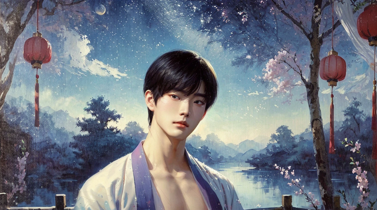 a man in a kimono robe standing in front of a of a river, inspired by Yanjun Cheng, yanjun chengt, inspired by Bian Shoumin, artwork in the style of guweiz, inspired by Yeong-Hao Han, inspired by Zhang Han, by Yanjun Cheng, by Yang J, cai xukun, guweiz,huge breasts,huge chest,huge muscle,huge bust,sexy guy,hot guy,horny guy,femboy,traditional Chinese painting,traditional Chinese art,