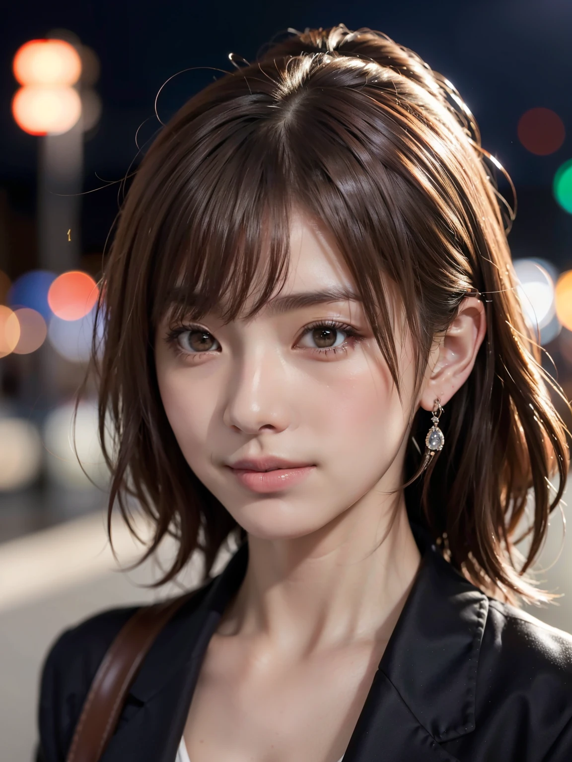 One Japanese idol, (RAW Photos, Highest quality), (Realistic, Photorealistic:1.4), Tabletop, Very delicate and beautiful, Very detailed, 8k wallpaper, wonderful, In detail, Very detailedCG Unity, High resolution, Soft Light, beautiful detailed 25 years old, Very detailed目と顔, Beautifully detailed nose, Beautiful attention to detail,Cinema Lighting,City lights at night,thin,smile, (Medium Hair, My hair is messy, Asymmetrical bangs, Light brown hair), higuchi_Madoka