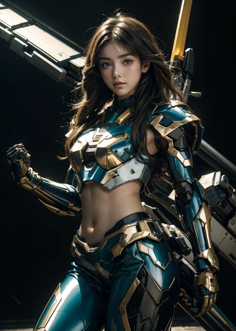 Textured Skin, Super Detail, High Detail, high quality, best quality, high resolution, 4K, harddisk, beautiful,(Gundam),beautiful女人,Mecha Girl,Battle Mode,Mecha Girl,She wears a futuristic Gundam mecha,cowboy shot,barebelly,navel,Showing belly,The abdomen is completely bare,Mermaid Line