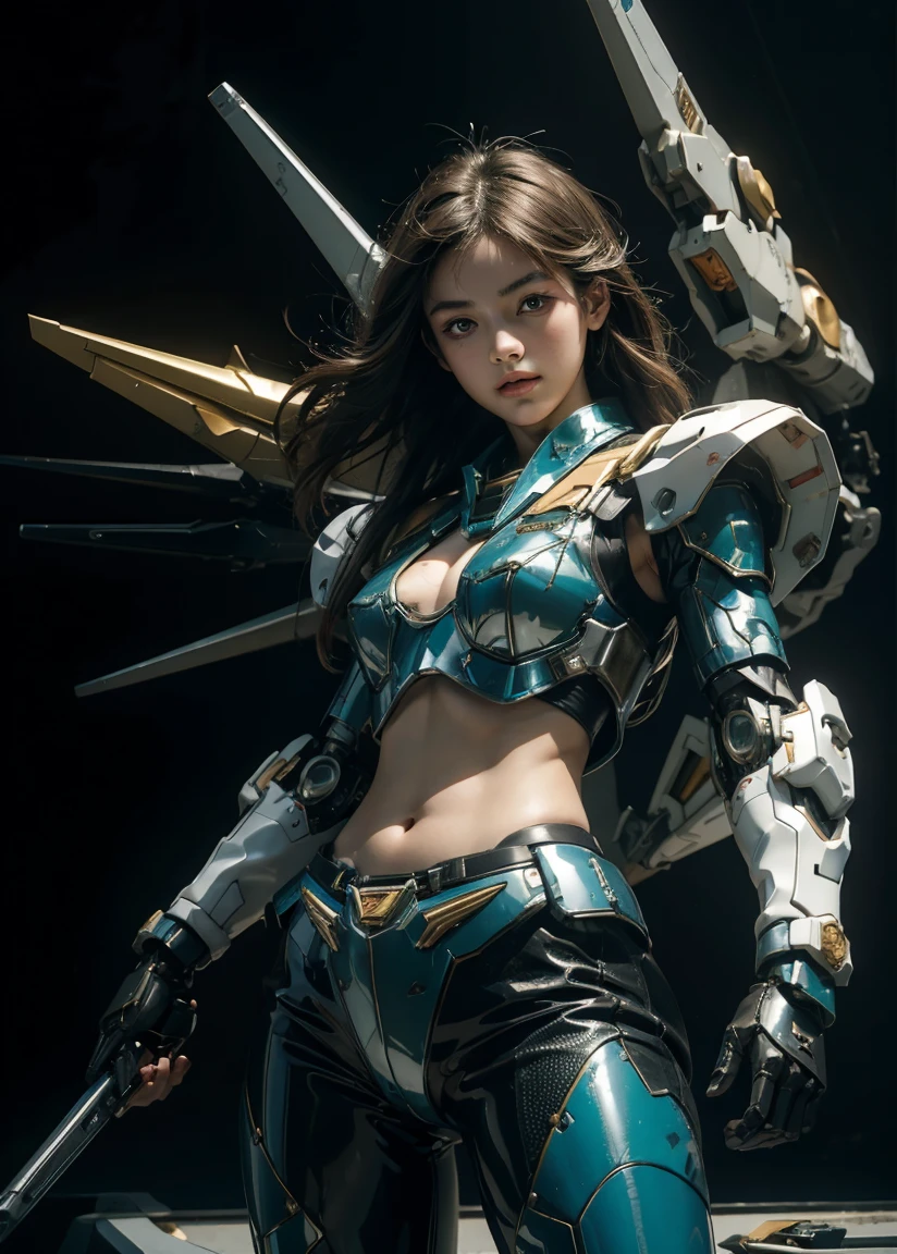 Textured Skin, Super Detail, High Detail, high quality, best quality, high resolution, 4K, harddisk, beautiful,(Gundam),beautiful女人,Mecha Girl,Battle Mode,Mecha Girl,She wears a futuristic Gundam mecha,cowboy shot,barebelly,navel,Showing belly,The abdomen is completely bare,Mermaid Line