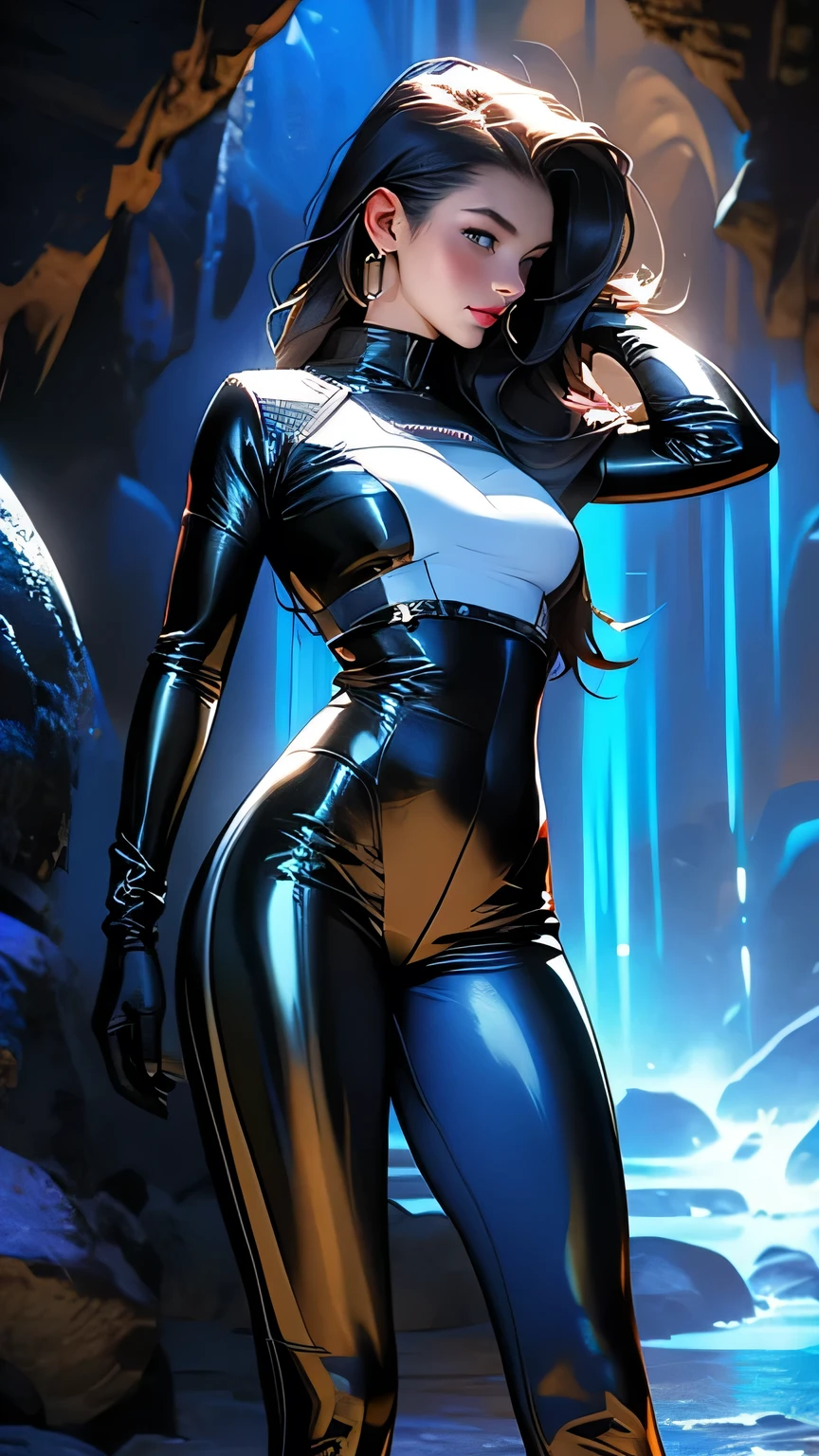 (Very detailed),8k,wallpaper,Studio Lighting,Ultra-fine painting,Narrow your focus,Physically Based Rendering,1 female,Mature Woman,Beautiful Hair,Beautiful Skin,Shiny skin,Beautiful Hands,Fine hand,(Black latex bodysuit with blue lines),(((Better Hands))),((In a dark cave)),Random hairstyle,masterpiece, 最high quality, high quality, High resolution, Big Tits, ((Full body portrait)), 