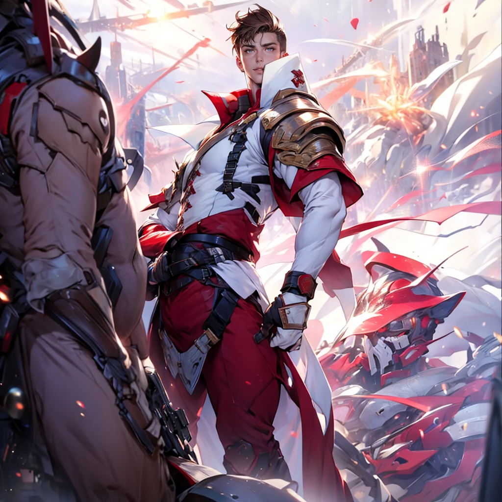 (white people、white skin、boy、20 generations)、(brown hair,short hair)、 highest quality, male focus,detailed face、Super high quality、thin waist、ripped abs、(red bodysuit、red high neck、white vest robe)、show your shoulders、strong armuscular thighs, wearing a sword, action pose