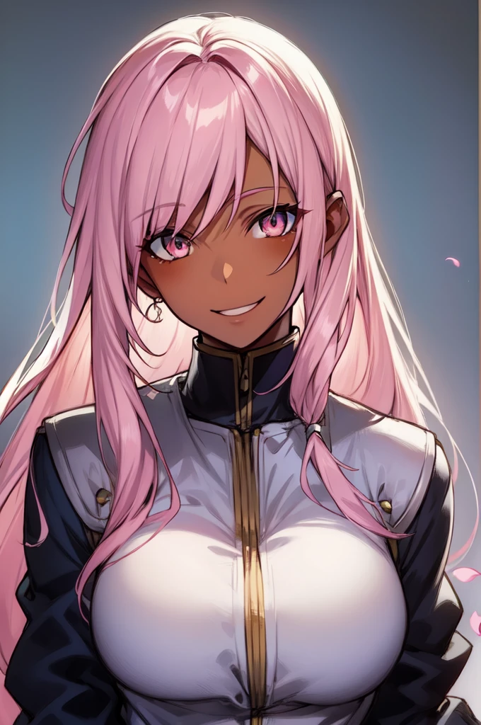 ((spiked hair)), ((long hair)), ((curvy body)), ((light pink hair)), ((pink eyes)), ((cheerful expression)), (shinobi clothing)), ((dark skin)), ((flowers)), ((complementary colors)), ((mature female)), 1girl, beautifully drawn, high resolution illustration, best quality, High definition, ((detailed anime sketch)), Masterpiece, (solo), absurdres, portrait, ((upper body)), detailed background, fine detail, female focus, HDR,
