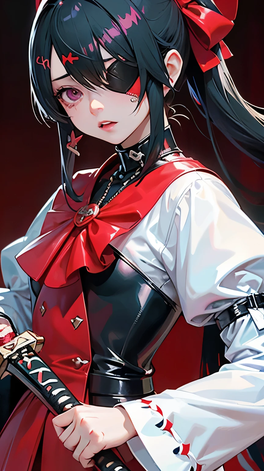 Close-up of a costumed person holding a sword, tsurumaki kazuya, Alucard, From NC Soft, square Enix, Whole body 1 / 6 Nihei Tsutomu, PVC Figure, Game CG, Iconic characters with attention to detail, break、High resolution、One Girl、cute10Year old girl、Flat Chest、Detailed face、非常に緻密なEye patch、(((Eye patch、ドクロのEye patch)))