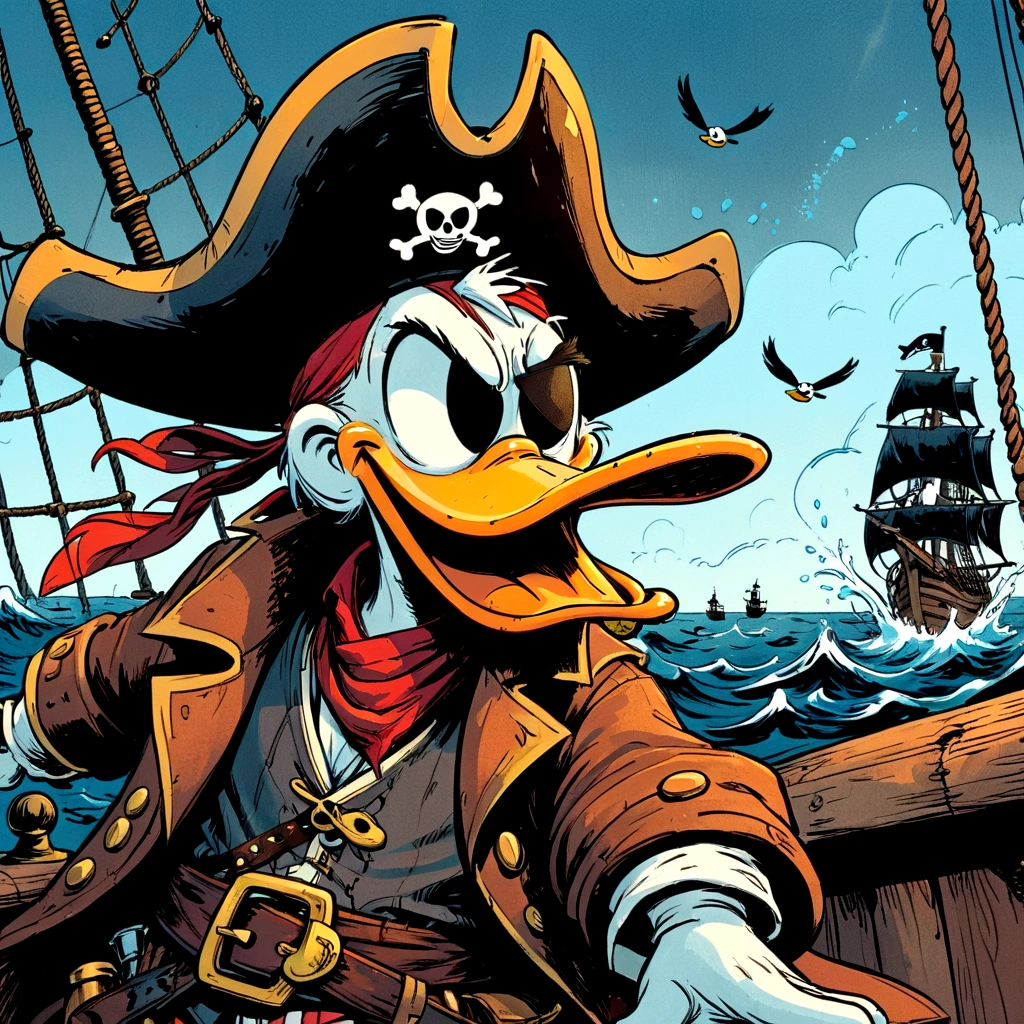 Donald Duck, eye patch, wearing eye patch, pirate, hand drawn, comic, cartoon. flat, illustration, splash page