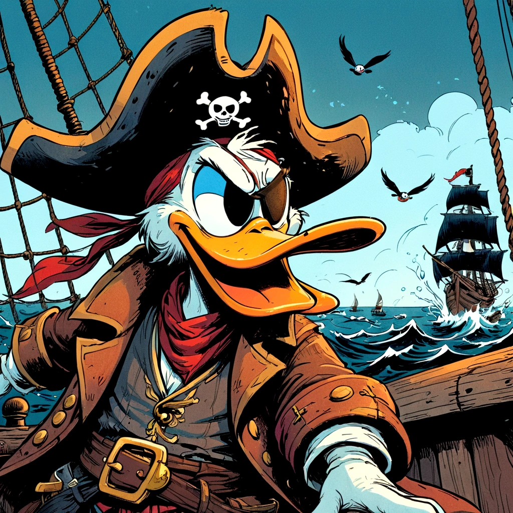 Donald Duck, eye patch, wearing eye patch, pirate, hand drawn, comic, cartoon. flat, illustration, splash page