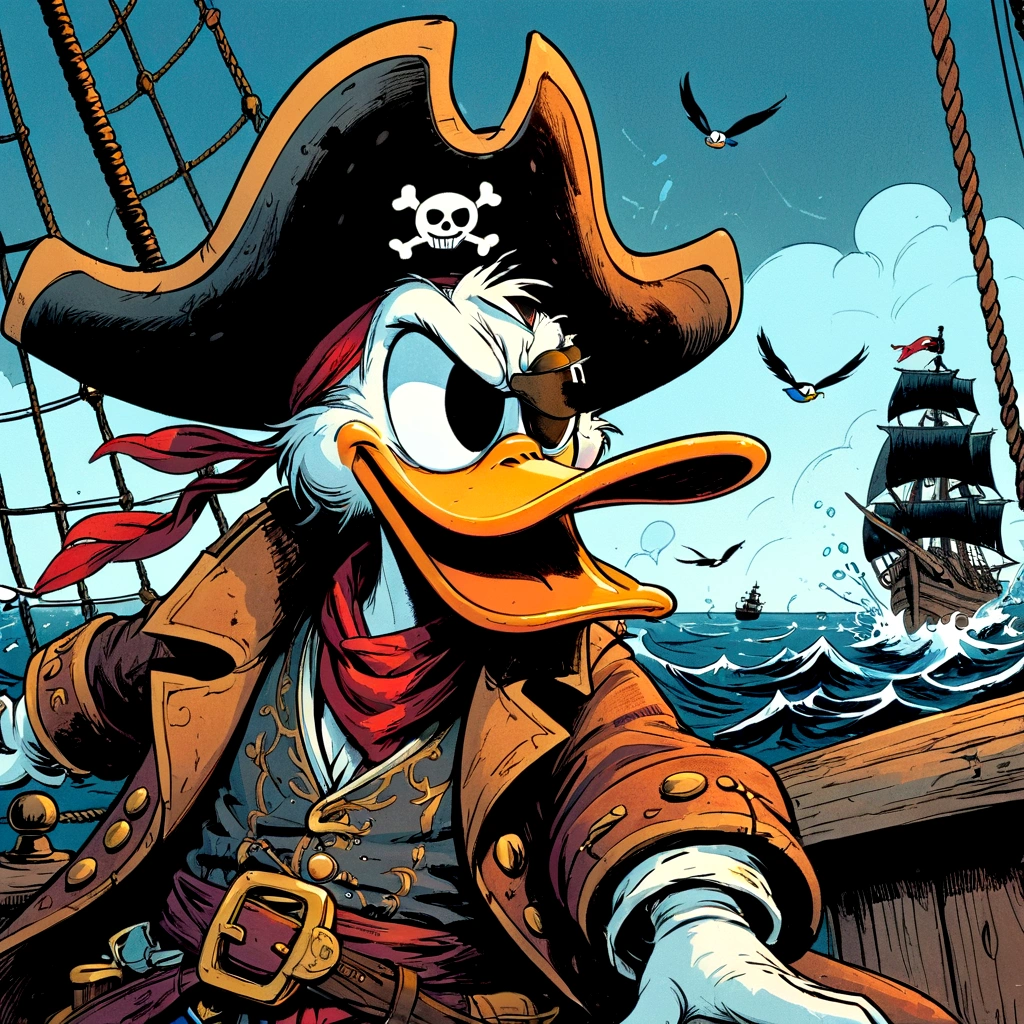 Donald Duck, eye patch, wearing eye patch, pirate, hand drawn, comic, cartoon. flat, illustration, splash page