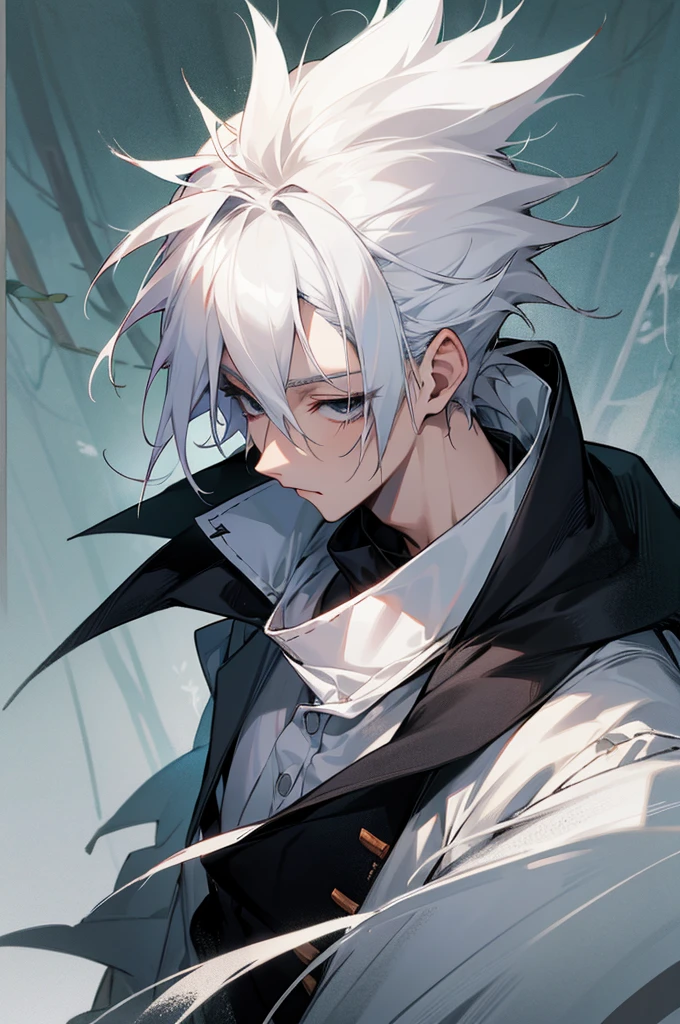teen male, white hair, messy spikey hair, white haori over shirt, forest background, black eyes