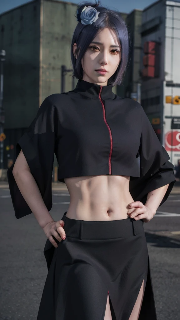 1girl,solo,konan \(naruto\),(upper body:1.2),akatsuki outfit,narrow waist,looking at viewer,masterpiece,best quality,absurdres,highly detailed,photo realistic,best shadow,dramatic lighting,depth of field,outdoors, hands on hip, crop top, black skirt