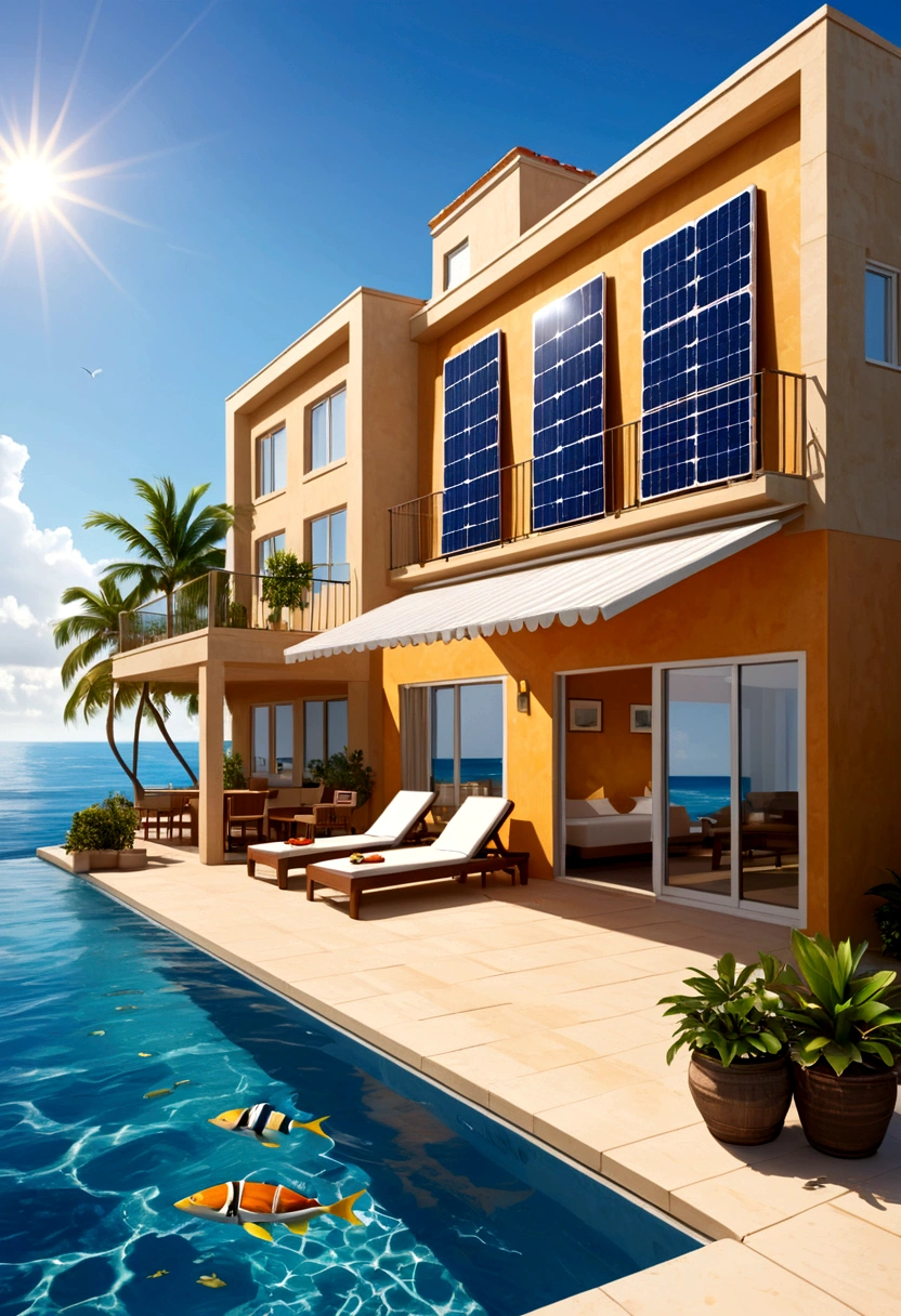 Un hotel con casas ubicado debajo del mar con paneles solares en un estilo realista