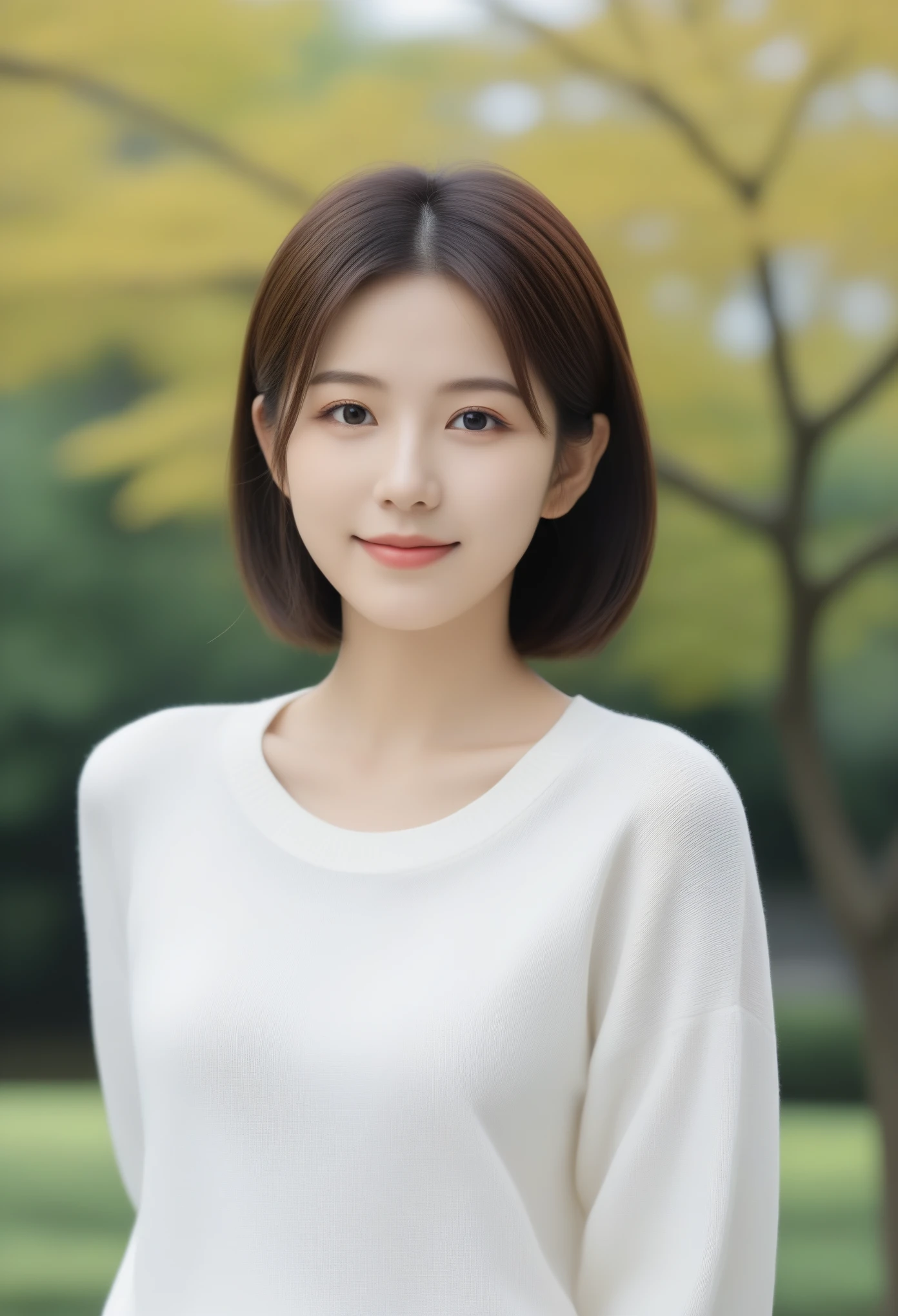 8k, Ultra-high resolution, Highest quality, masterpiece, 三分割法によるphotograph,Surreal, photograph, 1 girl, (:1.3), pretty girl, Cute face, Beautiful eyes in every detail, 細かくdetailedに,masterpiece,, One Girl:1.2, Japan Female Announcer,whole body,Young Wife,Urban area,street tree,The arrival of autumn,Turtleneck sweater,A scene in mini length,Full of cleanliness,A carefree smile,Healing the heart,Short Bob,Looking at the audience、beauty,Long neck、Laugh a little、Please close your mouth and laugh、(((Ideal body type))),A-cup small breasts :2,、Portraiture:2、Perfect Anatomy、鮮明なdetailed、detailed、Surreal、Light and shadow,Strong light 