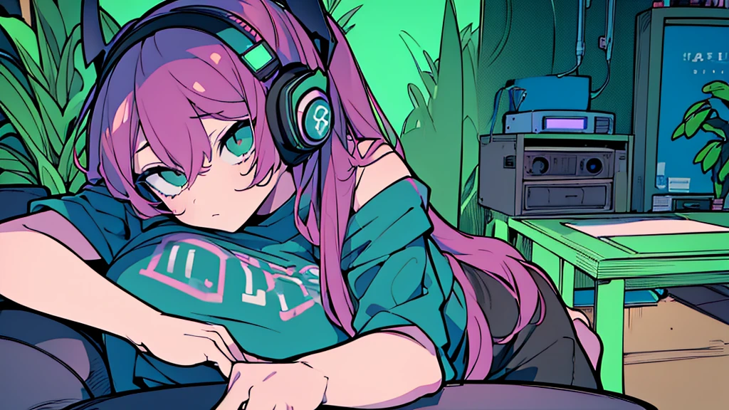 Best quality, (masterpiece:1.2), best detail face,1 girl, big breasts, 18 yo, 8k,absurdres,unity 8k wall paper,(extremely detailed:1.3), highest realistic, (retro headphones:1.1), (soft neon light:1.1), Her room full of music equipment and plants, Leaning back on the chair with a casual attitude, clothing in summer, natural color palette