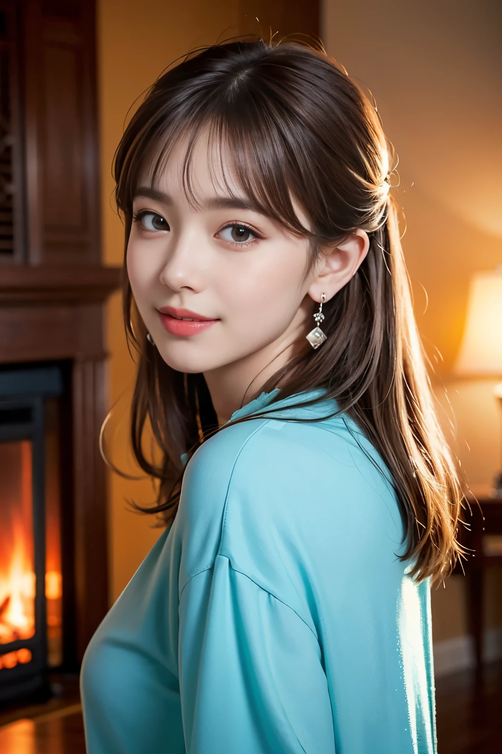 1 girl, silver hair, brown hair, dull bangs, floating hair, long hair, fireplace awning, aqua eye, Shining eyes, long eyelashes, earrings, compensate, smile, parted lips, written boundary depth, first person perspective, from behind, From the side, upside down, f/1.8, 135mm, canon, UHD, retina, masterpiece, Accurate, anatomically correct, rough skin, Super detailed, advanced details, high quality, 最high quality, High resolution, 1080p, hd, 4k, 8K