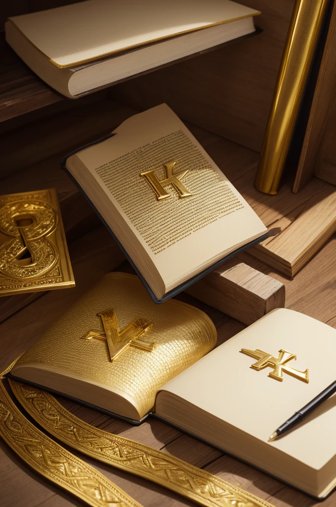 Letters KA in gold coming out of a book also in gold