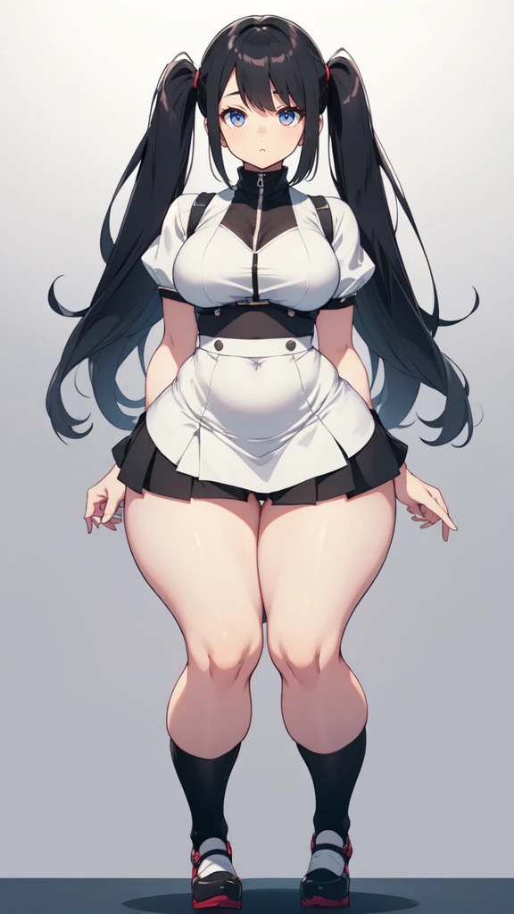 blank background, (((full body))), (masterpiece), ((best quality)), (very short girl), flat chest, short twintail, (wide hips:1.5), (thick thighs:1.5), (very short skirt), toeless footwear
