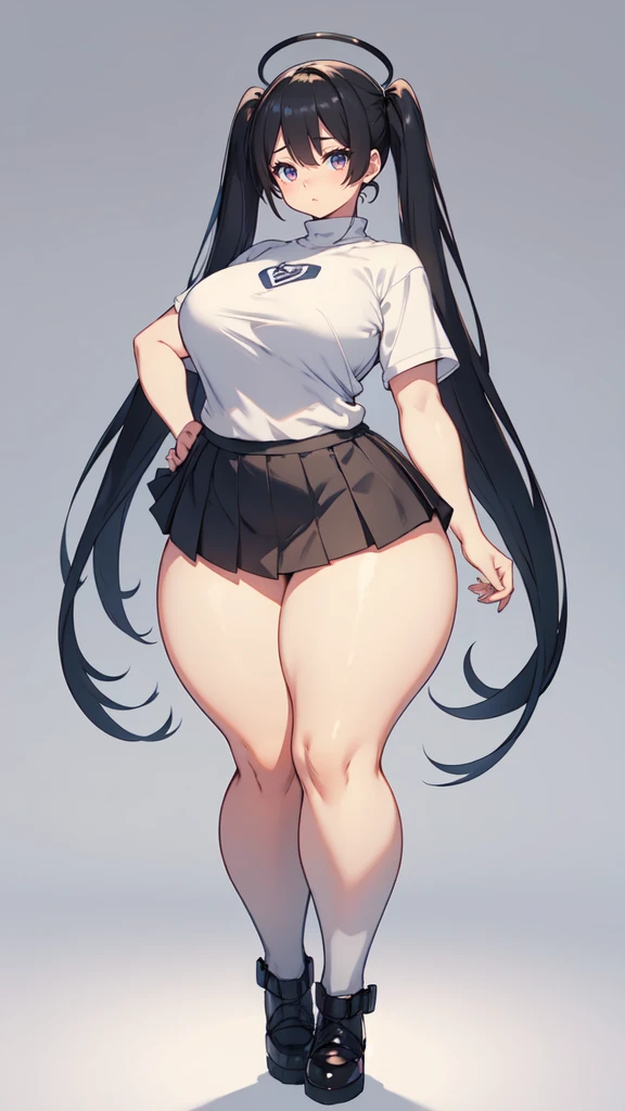 blank background, (((full body))), (masterpiece), ((best quality)), (very short girl), flat chest, short twintail, (wide hips:1.5), (thick thighs:1.5), (very short skirt), toeless footwear