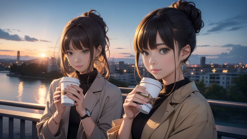 (Highest quality,4K,8k,High resolution,masterpiece:1.2),Super detailed,(Realistic,photoRealistic,photo-Realistic:1.37),夜のbackgroundに星空, looking out from the balcony. background, There are visible apartment buildings. The protagonist has a chignon hairstyle or light brown hair. Character in a jacket, Long sleeve tops, Earrings, bracelet, And wearing a watch. holding a coffee cup. Draw a theme for your character.