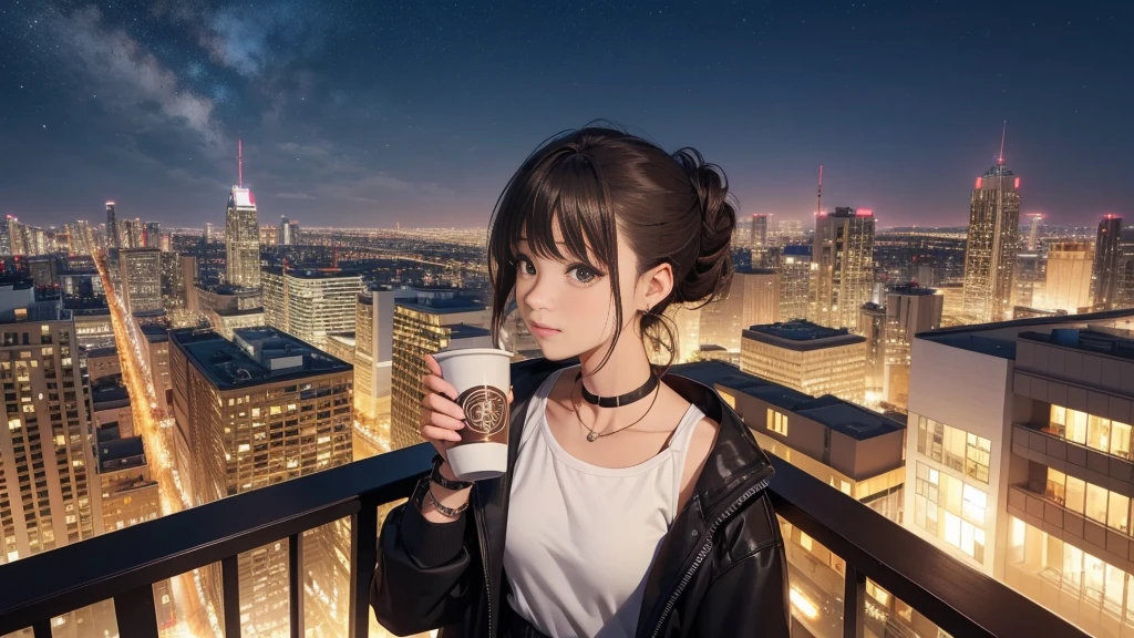 (Highest quality,4K,8k,High resolution,masterpiece:1.2),Super detailed,(Realistic,photoRealistic,photo-Realistic:1.37),夜のbackgroundに星空, looking out from the balcony. background, There are visible apartment buildings. The protagonist has a chignon hairstyle or light brown hair. Character in a jacket, Long sleeve tops, Earrings, bracelet, And wearing a watch. holding a coffee cup. Draw a theme for your character.