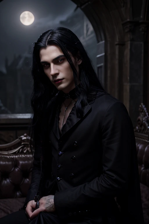 Lovely young handsome hetero Man Jinx Edward vampire with super big indigo eyes and gems and long black hair, with nice and delicate face, in a dark gothic magic castle with annie and claudia and Lestat, in Red Rose manor. Terror ambient. The more handsome man in the world. Night storm. Gothic scene. Cats eyes.