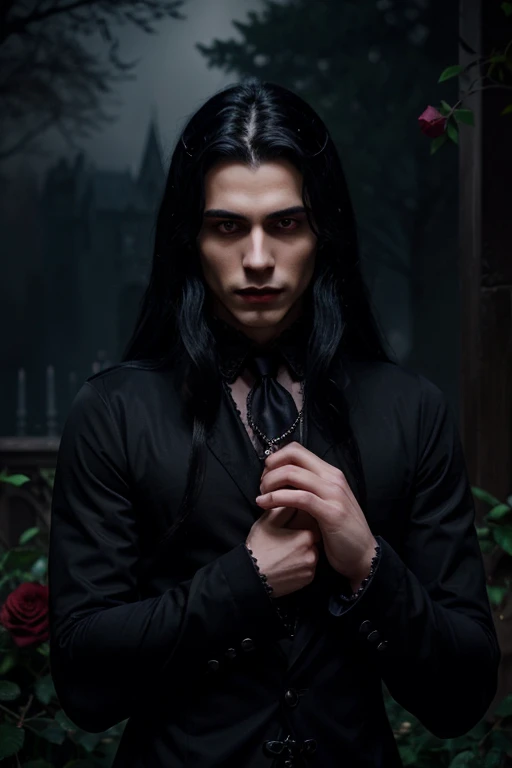 Lovely young handsome hetero Man Jinx Edward vampire with super big indigo eyes and gems and long black hair, with nice and delicate face, in a dark gothic magic castle with annie and claudia and Lestat, in Red Rose manor. Terror ambient. The more handsome man in the world. Night storm. Gothic scene. Cats eyes.