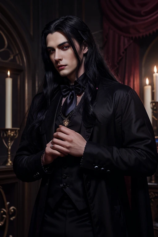 Lovely young handsome hetero Man Jinx Edward vampire with super big indigo eyes and gems and long black hair, with nice and delicate face, in a dark gothic magic castle with annie and claudia and Lestat, in Red Rose manor. Terror ambient. The more handsome man in the world. Night storm. Gothic scene. Cats eyes.