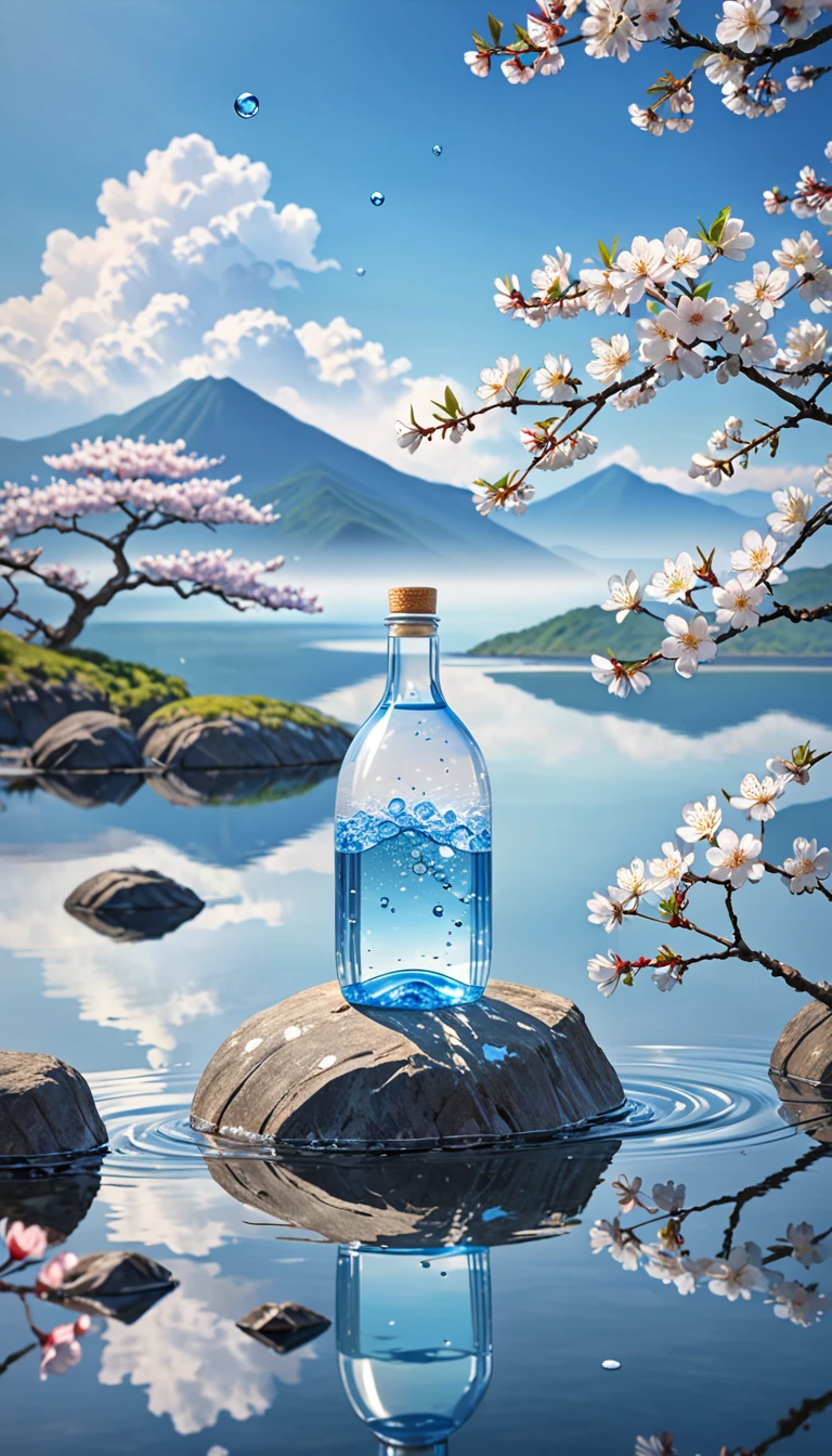 outdoor, bottle, water, no-humans, still life, Vague, bubble, landscape, water drop, ocean, sky, sky空, blue sky空, cloud, Vague background, Depth of Field, reflection, Solitary, rock, 运动Vague, Mountain, White flowers, Cherry blossoms, Branches, ice.