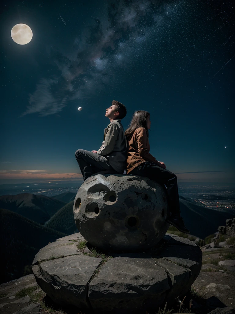 A boy and girl on a mountain top sitting night sky filled with stars looking at , (two moons)