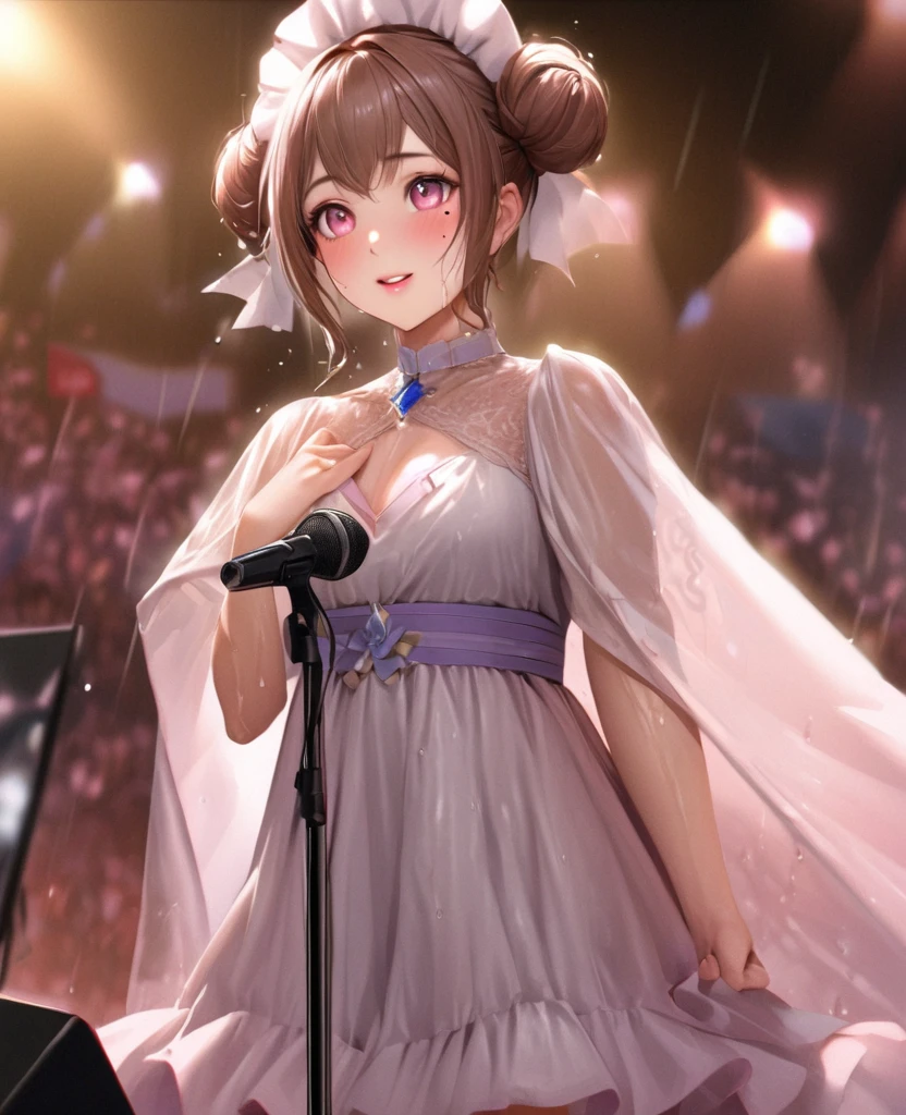 One Girl、Looking at the audience、lovely,
Beautiful pink eyes、Two brown double hair buns , Mole under the eye、Plump and glossy lips、Heart-shaped choca、Idol、Her name is May,smile、ー、。.。.。.。.。.。.。.。.。.。.。.。.。.。.。.。.。.。.3D、Realistic、
The idol's costume was soaked in the heavy rain, and her chest was wet and transparent.Heavy rain at outdoor concert, Drape clothes、gem、The decoration has been removed、Floral、Lace trim,On a glittering stage、
masterpiece、highest quality、8k、Detailed skin texture、Detailed cloth texture、Beautifully detailed face、Intricate details、Very detailed、
超A high resolution、8k Ultra HD、Film Grain、Best Shadow、delicate、Gazing at the audience、front