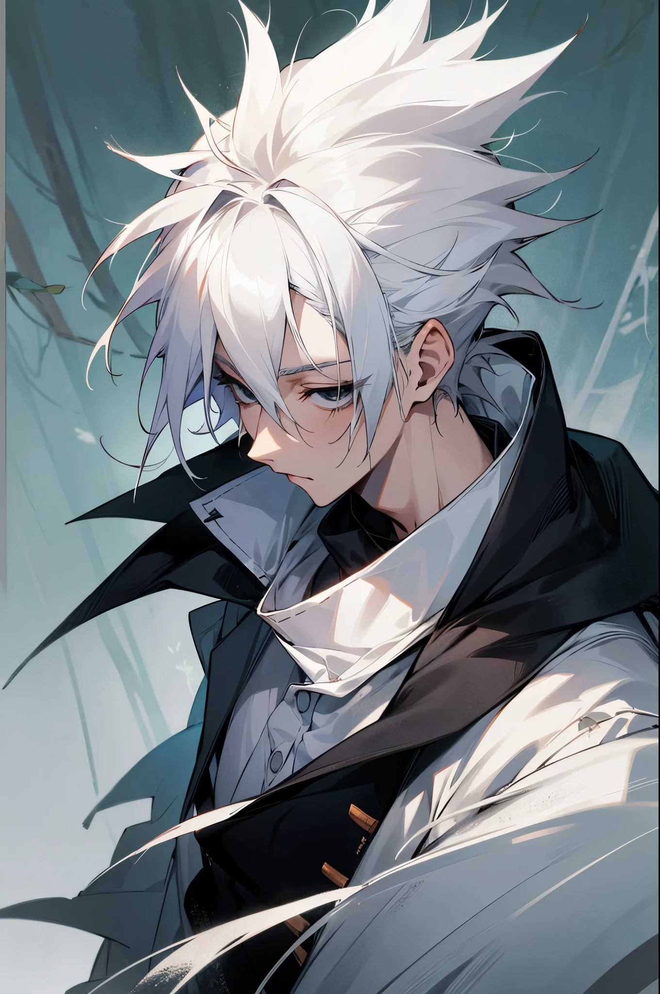 male, white hair, messy spikey hair, white haori over shirt, forest background, black eyes