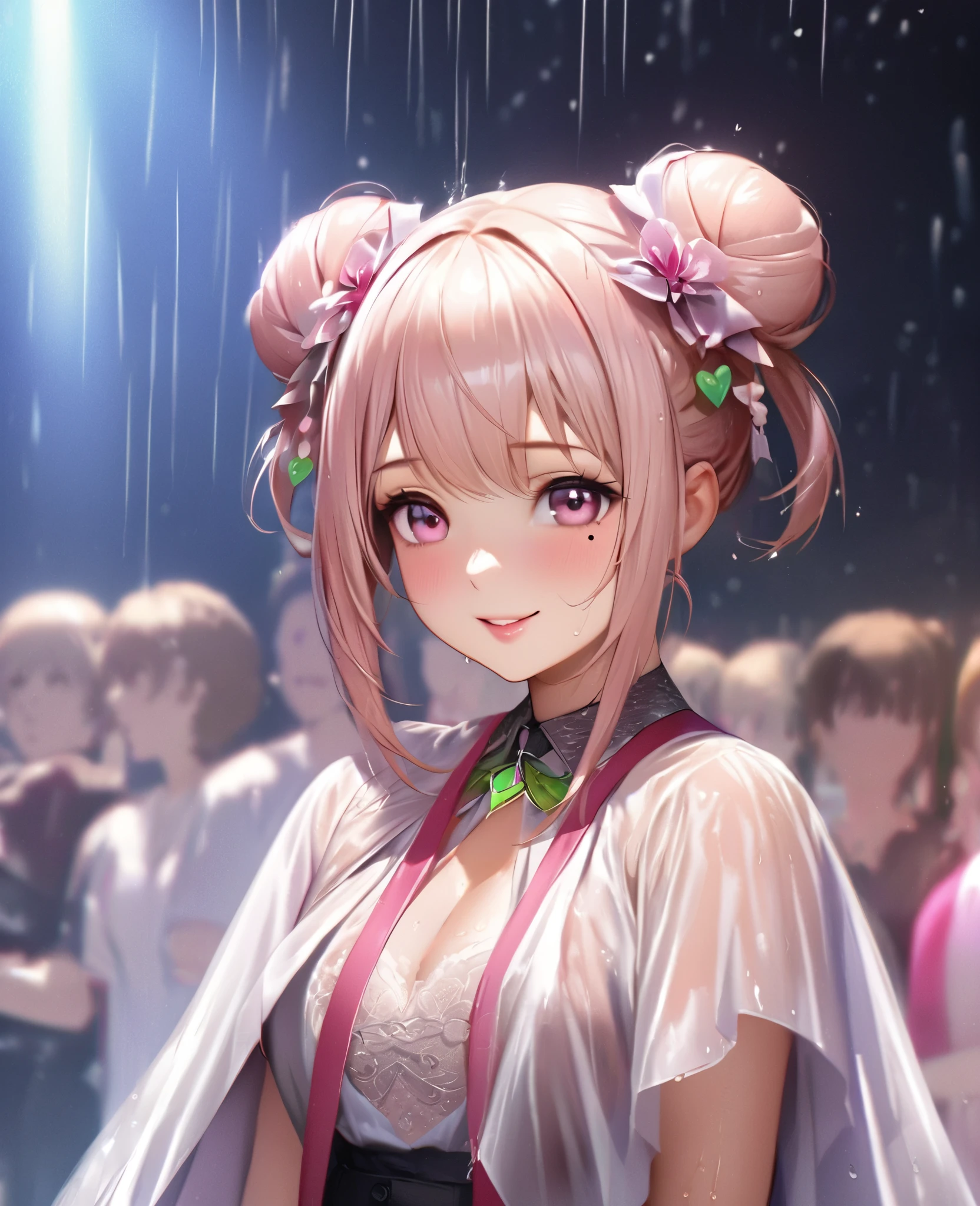 One Girl、Looking at the audience、lovely,
Beautiful pink eyes、Two brown double hair buns , Mole under the eye、Plump and glossy lips、Heart-shaped choca、Idol、Her name is May,smile、ー、。.。.。.。.。.。.。.。.。.。.。.。.。.。.。.。.。.。.3D、Realistic、
The idol's costume was soaked in the heavy rain, and her chest was wet and transparent.Heavy rain at outdoor concert, Drape clothes、gem、The decoration has been removed、Floral、Lace trim,On a glittering stage、
masterpiece、highest quality、8k、Detailed skin texture、Detailed cloth texture、Beautifully detailed face、Intricate details、Very detailed、
超A high resolution、8k Ultra HD、Film Grain、Best Shadow、delicate、Gazing at the audience、front