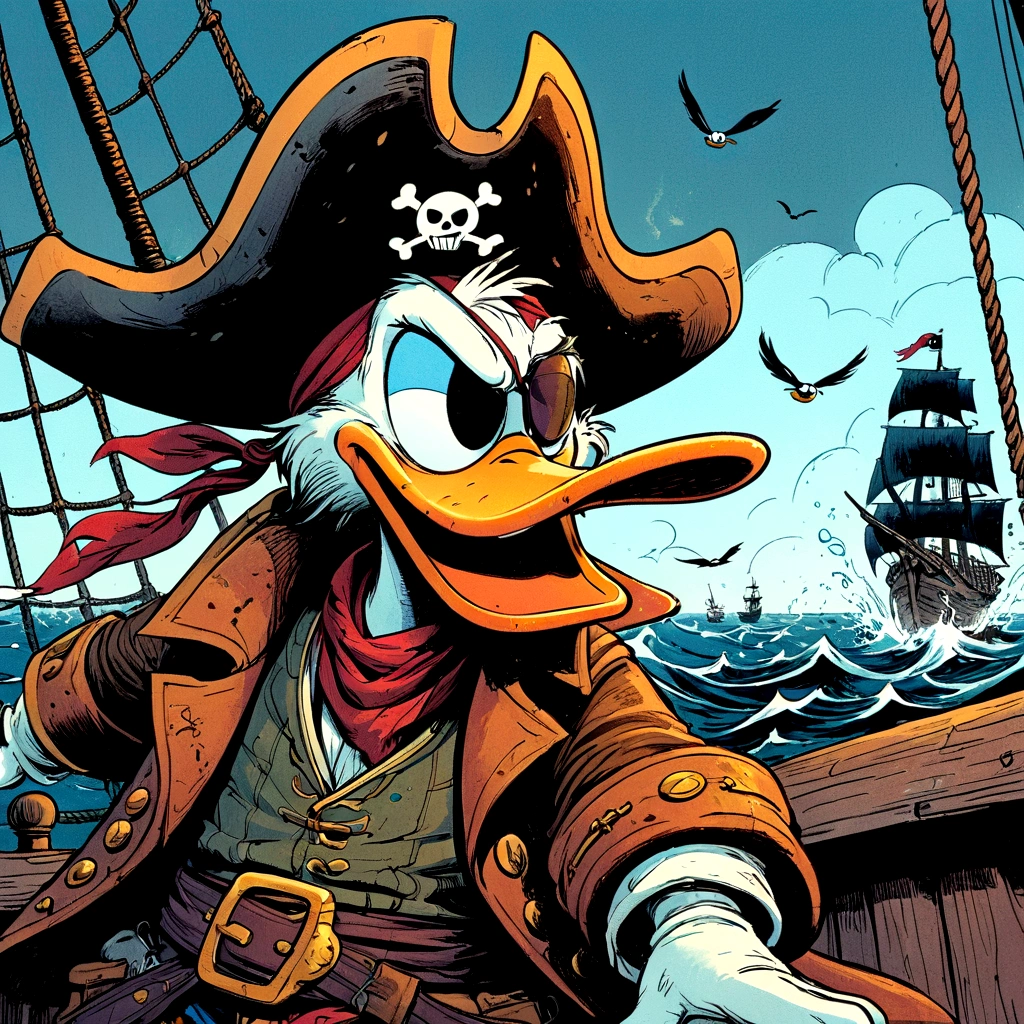 Donald Duck, eye patch, wearing eye patch, pirate, hand drawn, comic, cartoon. flat, illustration, splash page