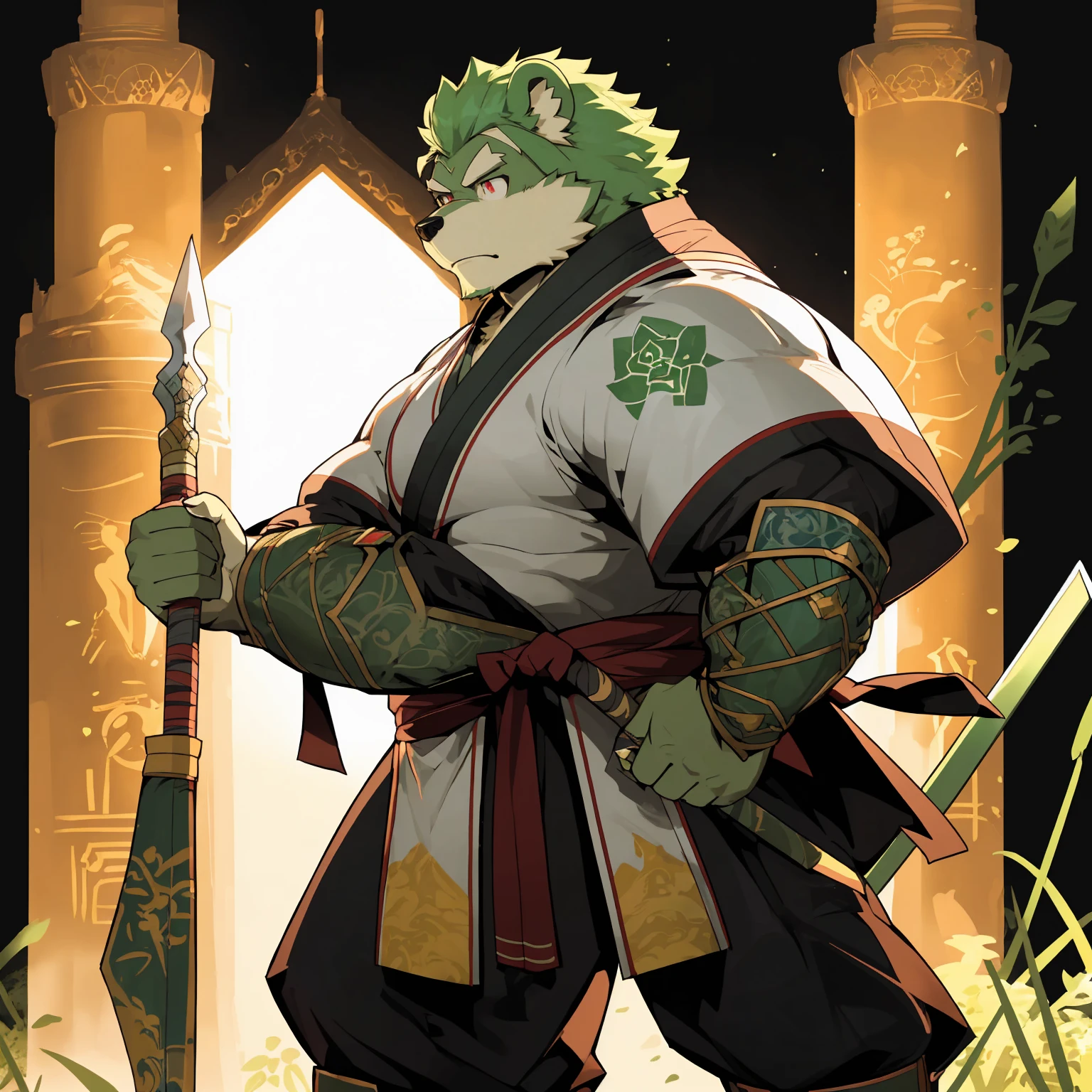 (Light green bear),(Emerald green forest green general jersey),Holding a spear,Powerful posture,Standing confidently and proudly,(The background is an endless sea:1.2),abdominal muscles,heroic posture,A perfect masterpiece,Various facial details,distance perspective,specific description,masterpiece,cg,(Pale red eyes),Light green pattern,Light green tail,general,heroic posture,bear,Emerald fur,Concrete facial details,Half body,(Emerald green general combat boots),(Chang Ling),((middle aged)),(face focus),(16k),HD,Green and white belly,temple,beard,(Face lines),Different pupils,(Emerald green ancient war robe),(green hair),Strong,muscle,(high resolution:1.3),Weeds underfoot
