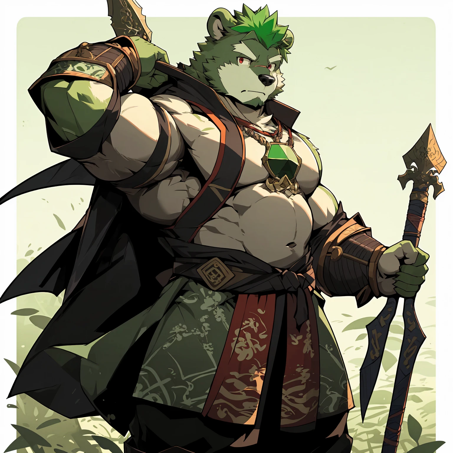 (Light green bear),(Emerald green forest green general jersey),Holding a spear,Powerful posture,Standing confidently and proudly,(The background is an endless sea:1.2),abdominal muscles,heroic posture,A perfect masterpiece,Various facial details,distance perspective,specific description,masterpiece,cg,(Pale red eyes),Light green pattern,Light green tail,general,heroic posture,bear,Emerald fur,Concrete facial details,Half body,(Emerald green general combat boots),(Chang Ling),((middle aged)),(face focus),(16k),HD,Green and white belly,temple,beard,(Face lines),Different pupils,(Emerald green ancient war robe),(green hair),Strong,muscle,(high resolution:1.3),Weeds underfoot
