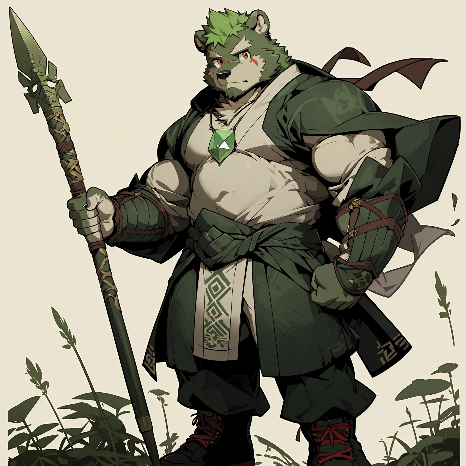 (Light green bear),(Emerald green forest green general jersey),Holding a spear,Powerful posture,Standing confidently and proudly,(The background is an endless sea:1.2),abdominal muscles,heroic posture,A perfect masterpiece,Various facial details,distance perspective,specific description,masterpiece,cg,(Pale red eyes),Light green pattern,Light green tail,general,heroic posture,bear,Emerald fur,Concrete facial details,Half body,(Emerald green general combat boots),(Chang Ling),((middle aged)),(face focus),(16k),HD,Green and white belly,temple,beard,(Face lines),Different pupils,(Emerald green ancient war robe),(green hair),Strong,muscle,(high resolution:1.3),Weeds underfoot